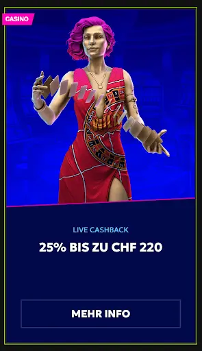 Live Cashback – 25 % Rückerstattung bis zu CHF 220 im Casino sichern. Frau mit pinkem Haar hält Karten im Casino, Symbol für Live Cashback Angebot.