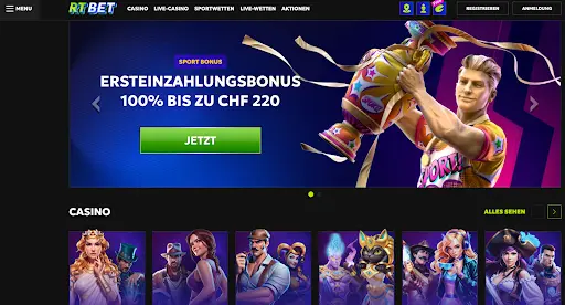 “RTBet Casino Startseite mit Sportbonus und Casinospielen”