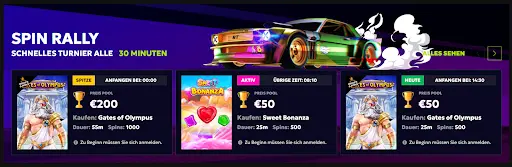 Gewinne alle 30 Minuten im Spin Rally – farbiges Sportauto mit Neonlichtern