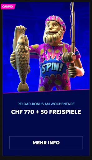 Wochenend-Reload-Bonus – bis zu CHF 770 und 50 Freispiele im Casino sichern. Goldene Statue eines Anglers mit Fisch und Angelrute als Symbol für Wochenend-Reload-Bonus.
