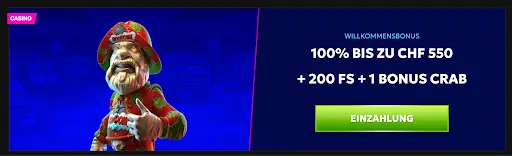 “RTBet Casino Willkommensbonus 100% bis zu CHF 550 mit 200 Freispielen und 1 Bonus Crab”