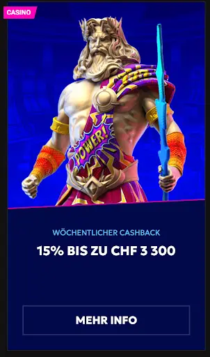 Wöchentlicher Cashback – erhalte 15 % bis zu CHF 3 300 zurück im Casino. Statue eines mächtigen Zeus-ähnlichen Gottes mit Dreizack und leuchtender Rüstung, Symbol für wöchentlichen Cashback-Bonus.