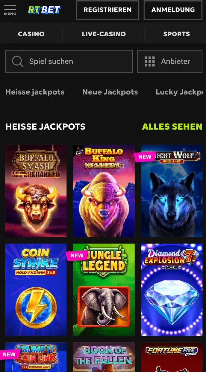 Übersicht der heißen Jackpot-Slots im RTBet Casino – Buffalo Smash, Buffalo King Megaways, Night Wolf, Coin Strike, Jungle Legend, Diamond Explosion, Trumpit Coin Link, Book of the Fallen und Fortune Five Double.