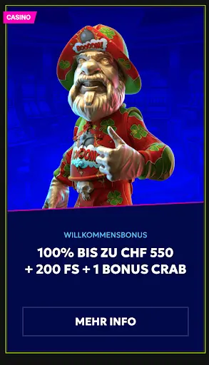 Willkommensbonus im Casino – 100% bis zu CHF 550 + 200 Freispiele + 1 Bonus Crab. Casino Willkommensbonus mit Figur im roten Outfit und Angebot: 100% bis zu CHF 550 + 200 Freispiele + 1 Bonus Crab.