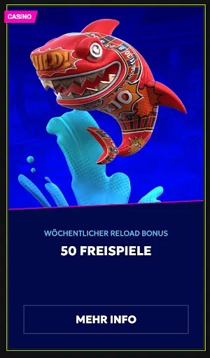Wöchentlicher Reload Bonus – 50 Freispiele im Casino sichern. Roter Hai mit breitem Grinsen und Casino-Symbolen auf dem Körper, dargestellt als Bonus-Maskottchen.