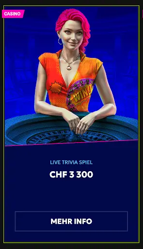 Live Trivia Spiel im Casino – Gewinne bis zu CHF 3’300. Frau mit pinken Haaren sitzt am Roulette-Tisch und präsentiert das Live Trivia Spiel.