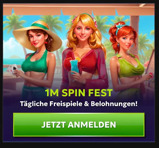 Drei Frauen am Strand mit Cocktail und Spielkarten beim 1M Spin Fest.
